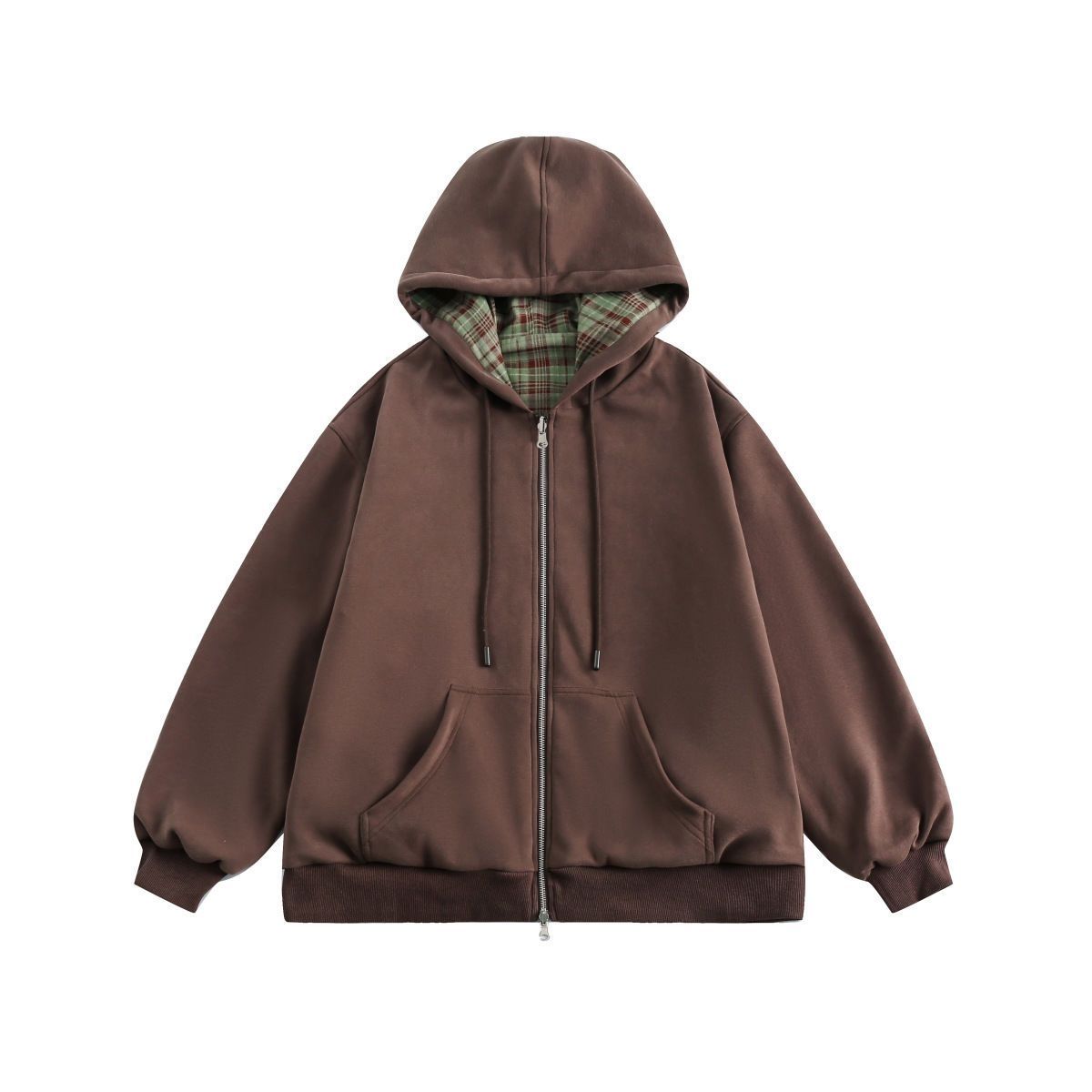 Vintage Zip Hoodie - Sweat-shirt à capuche à carreaux marron