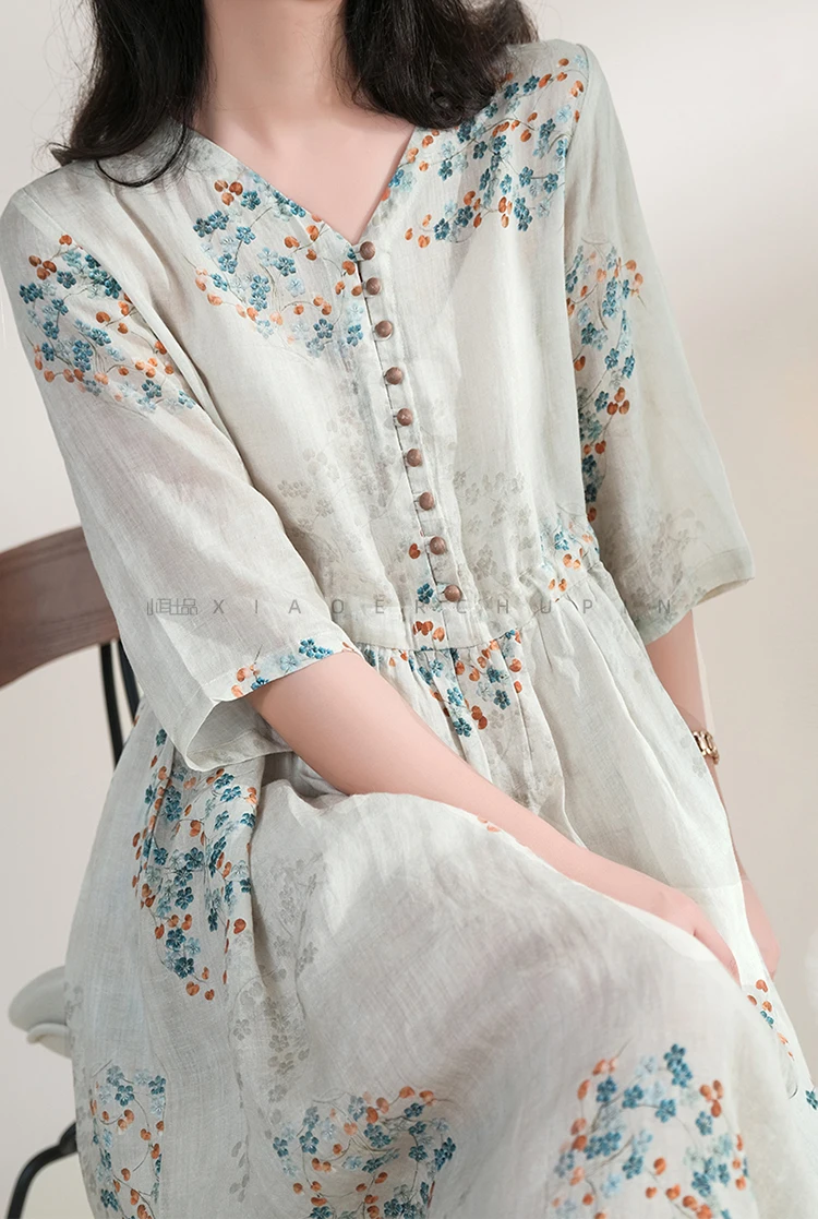 Vintage Collectible Buttons - Robe d'été longue imprimée pour femmes,